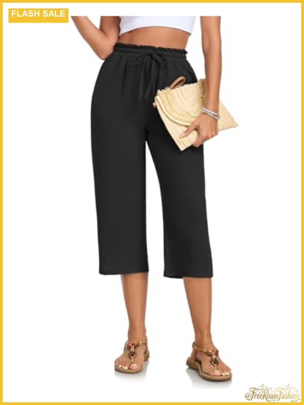 Women's High Waist Capri Palazzo Pants Elastic Drawstring Lounge Beach